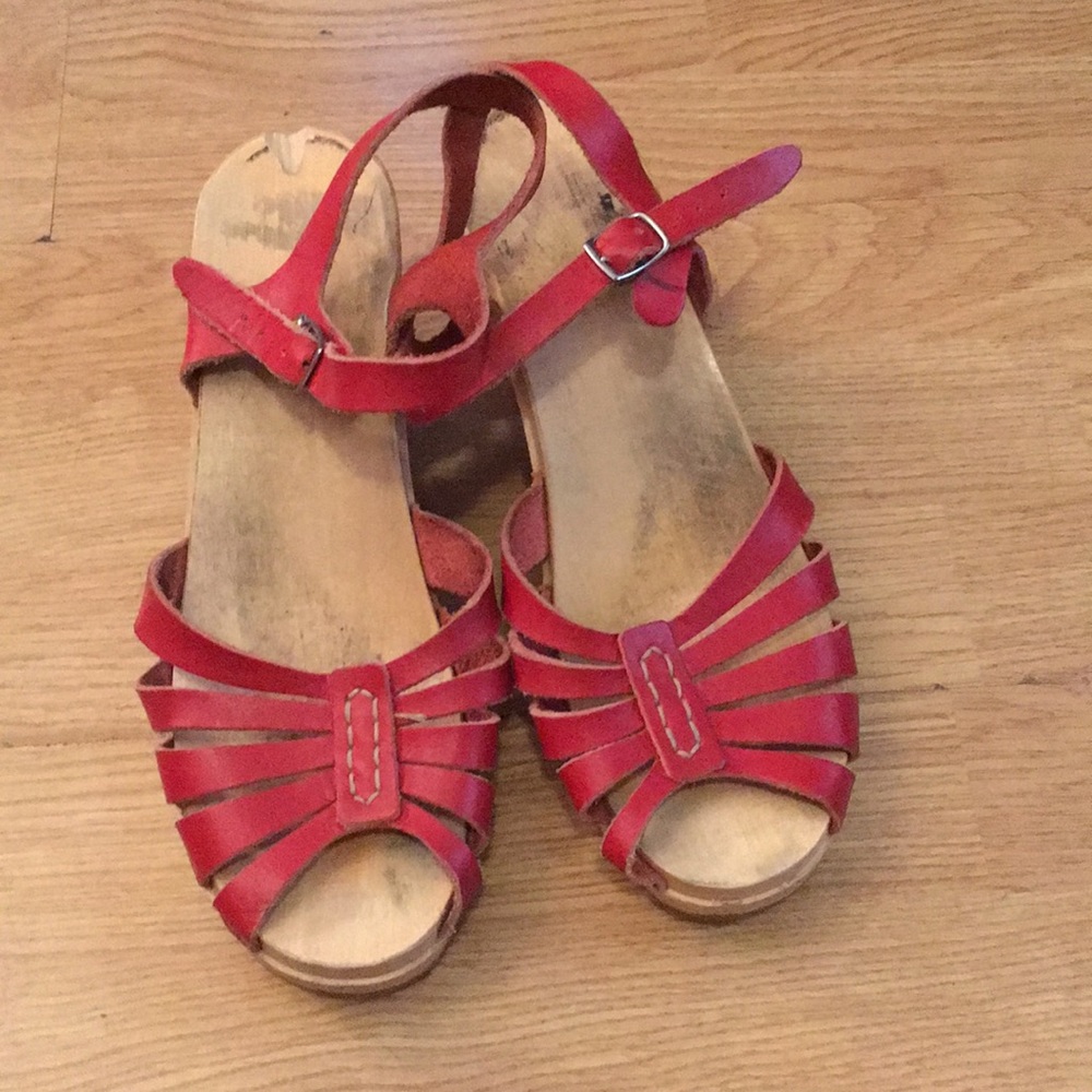 Red leather clog sandals